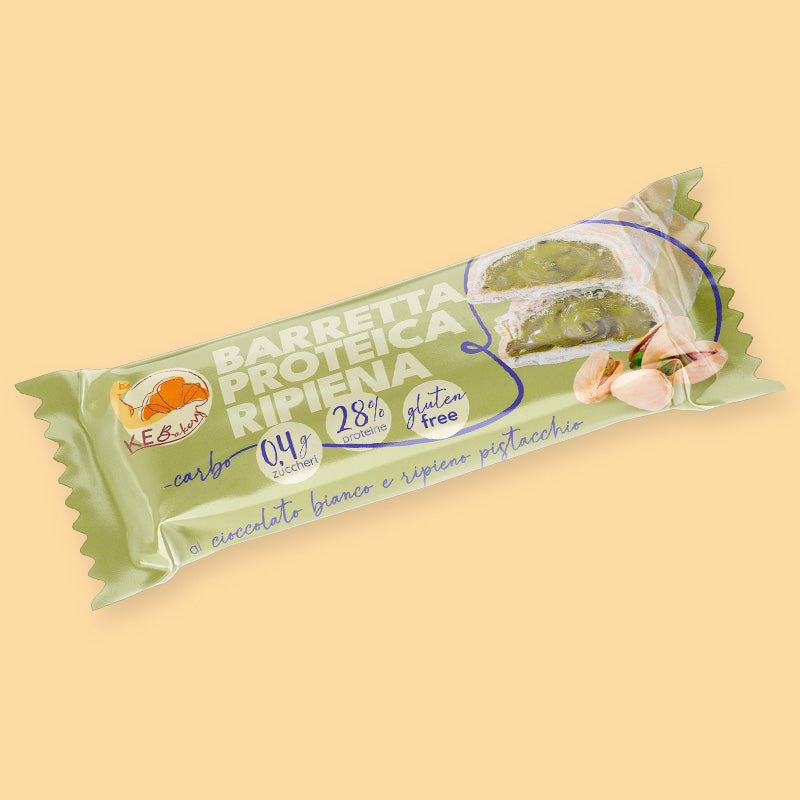 BARRETTA PROTEICA AL CIOCCOLATO BIANCO e RIPIENO PISTACCHIO