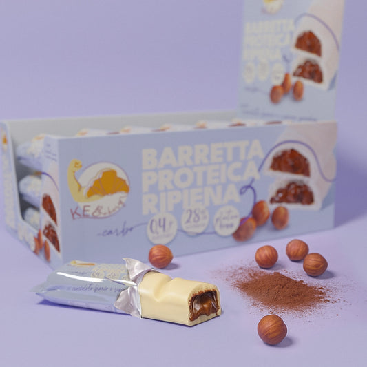 SHOWBOX 24 pezzi BARRETTA PROTEICA AL CIOCCOLATO BIANCO e RIPIENO GIANDUIA