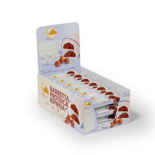 SHOWBOX 24 pezzi BARRETTA PROTEICA AL CIOCCOLATO BIANCO e RIPIENO GIANDUIA